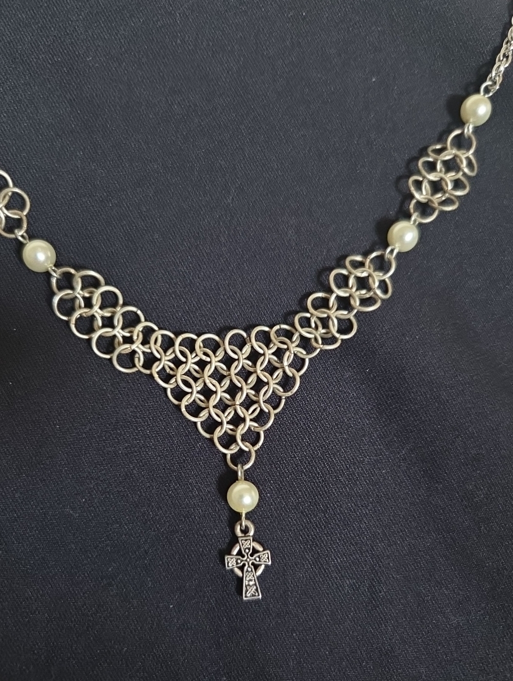 Petite Silver-Tone Chainmail V-Front Necklace with Cross Pendant